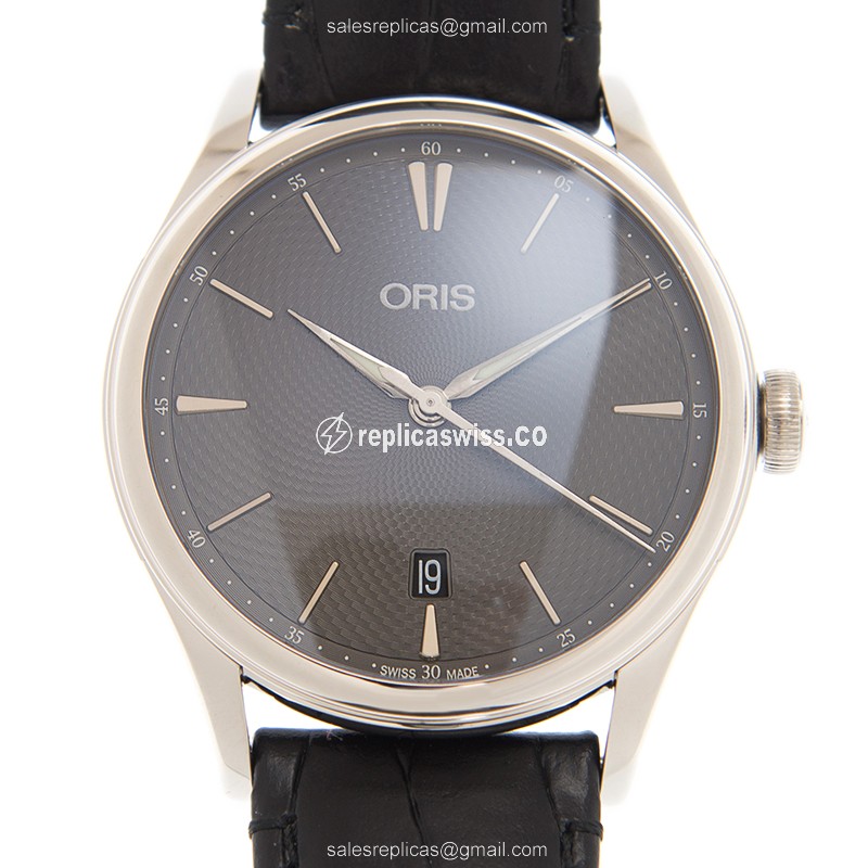 Oris Classic Date Replica - Automatic - Steel Case - Gray Dial - Black Leather Strap - Luxury Replica CLASSIC DATE Watch