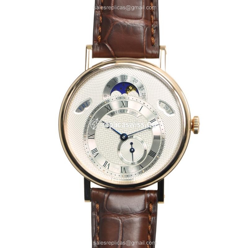 Breguet Classique Replica - Automatic - 18kt Rose Gold - Silver Dial - Brown Alligator Strap
