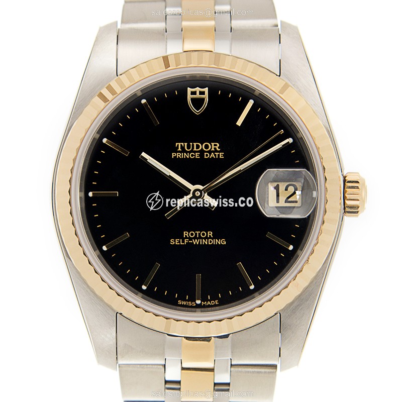Tudor 74033-62473-BK Replica - Automatic - 18kt Gold - Black Dial - Gold Steel Strap - Luxury Replica PRICE DATE-DAY Watch