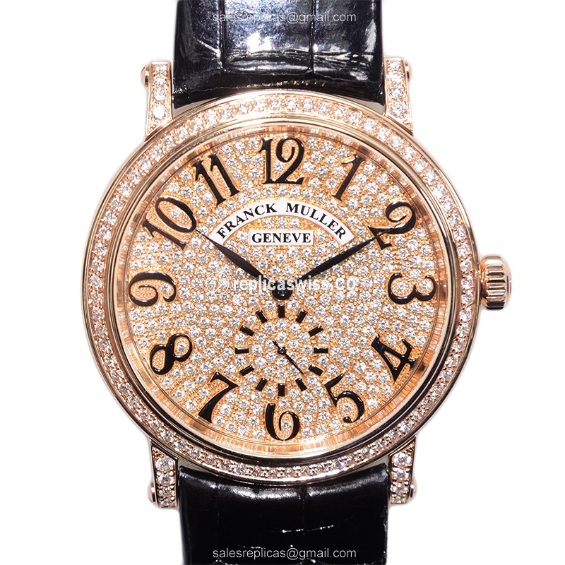 Franck Muller 7421 B S6 D CD LIBERTY Auto 18kt Rose Gold Diamonds - Gold Dial - Black Alligator Buckle - Luxury Franck Muller Replica Watch