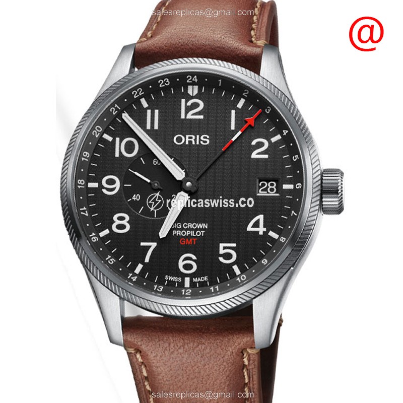Oris Big Crown Replica - Automatic - Stainless Steel - Black Dial - Brown Leather Strap