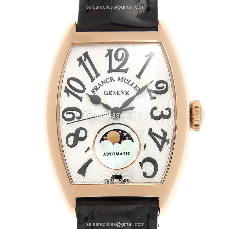 Franck Muller 7500 SC AT FO L Ladies - Auto - 18kt Rose Gold - White Dial - Leather Black Strap - Luxury Replica LADIES COLLECTION Watch