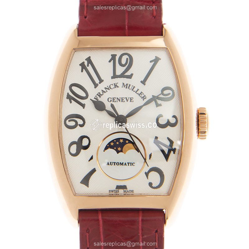Franck Muller 7500 SC AT FO L Replica - Automatic - 18kt Rose Gold - White Dial - Red Leather Strap