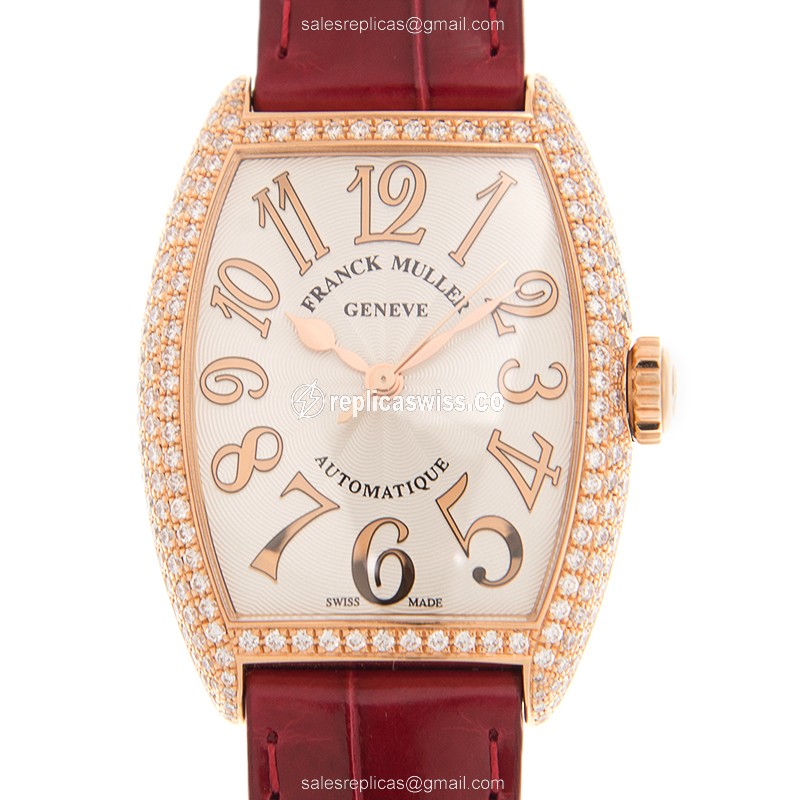 Franck Muller 7500 SC AT FO REL D 5N Art Deco - Automatic - 18kt Rose Gold Case - White Dial on Red Alligator Strap