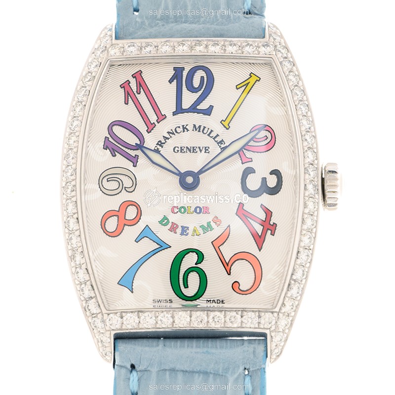Franck Muller 7502 QZ COL DRM D 1R AC Replica - Quartz - Diamond Case - Silver Dial - Blue Leather Strap