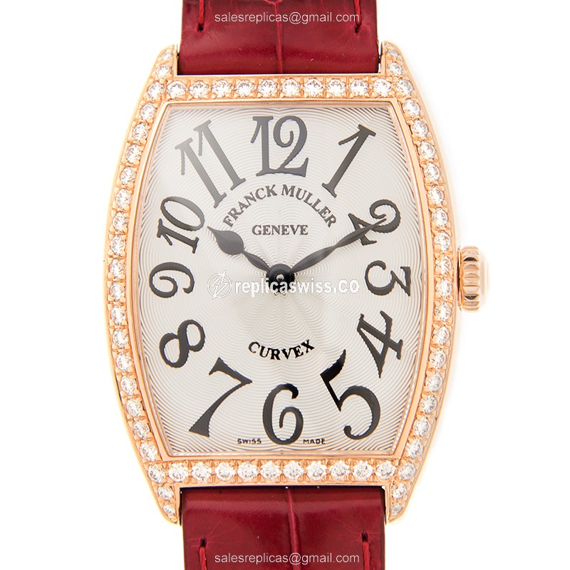 Franck Muller 7502 QZ D 1R CINTREE CURVEX - Quartz - 18kt Rose Gold - Diamonds - Silver Dial - Red Alligator Strap - Luxury Replica CINTREE CURVEX Watch