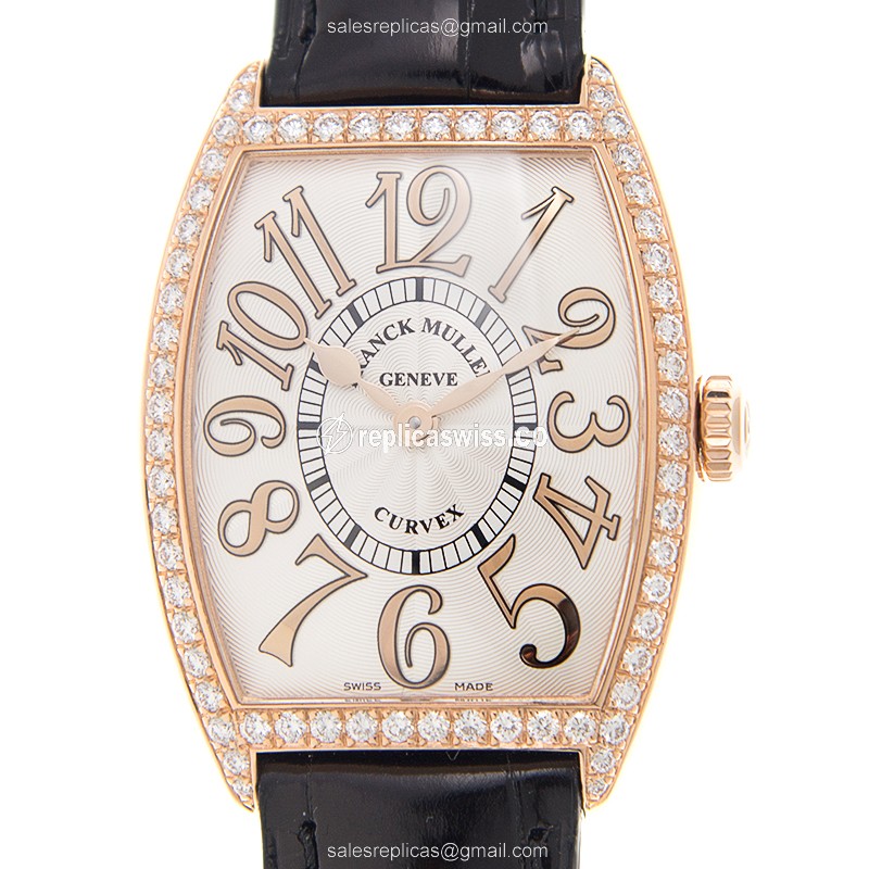 Franck Muller 7502 QZ REL D 1R 5N Replica - Quartz - 18kt Rose Gold - Diamond Case - Silver Dial - Black Alligator Strap