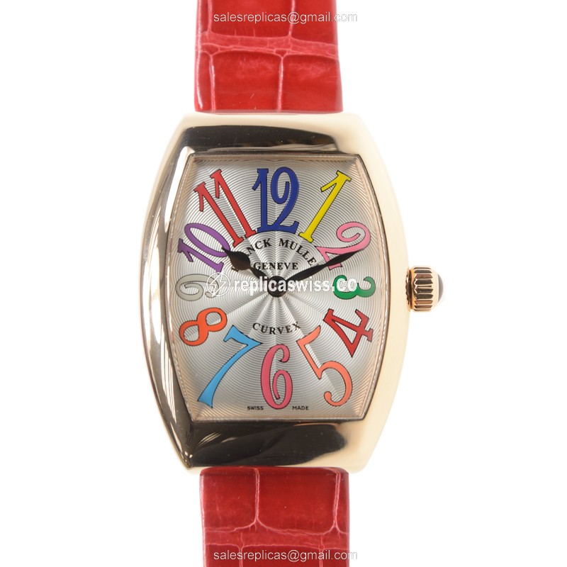 Franck Muller 7562 QZ COL DRM A Replica - Quartz - 18kt Gold Case - Silver Dial on Red Alligator Strap - Luxury Replica MASTER OF COMPLICATION Watch