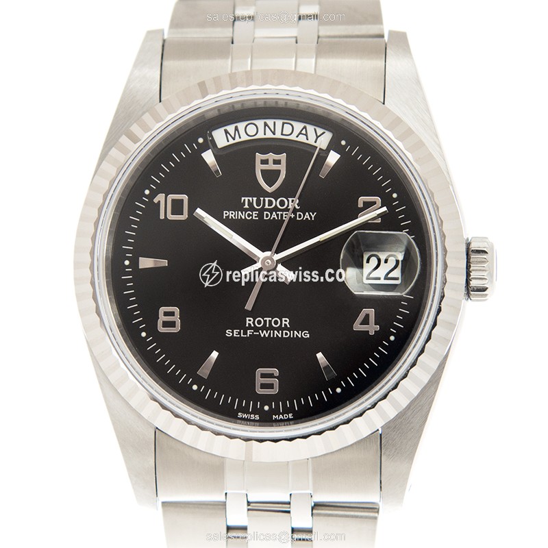 Automatic Tudor Black Dial - Stainless Steel - Silver Strap - Clasp - Luxury Replica PRICE DATE-DAY Watch