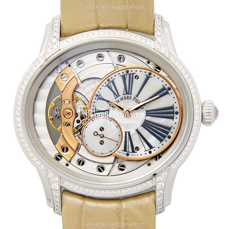 Audemars Piguet Millenary Replica - Manual Wind - 18kt White Gold - Diamond Silver Dial - Beige Alligator Buckle