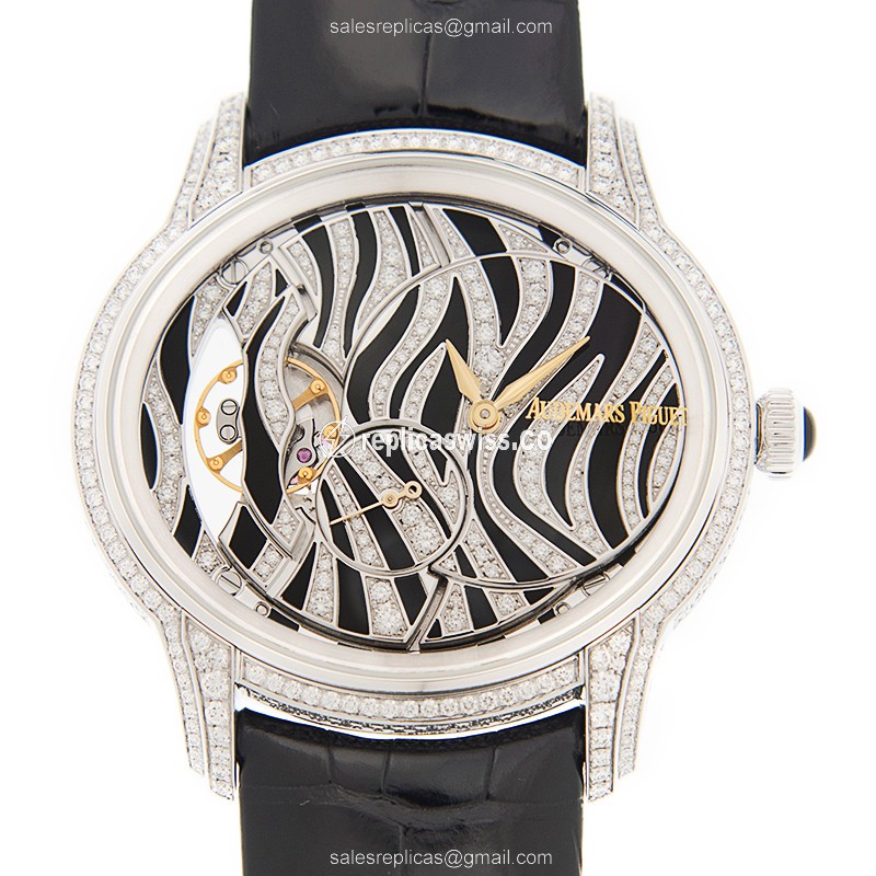 Audemars Piguet Millenary Replica - Manual Wind - 18kt White Gold - Diamond - White Dial - Black Alligator Strap