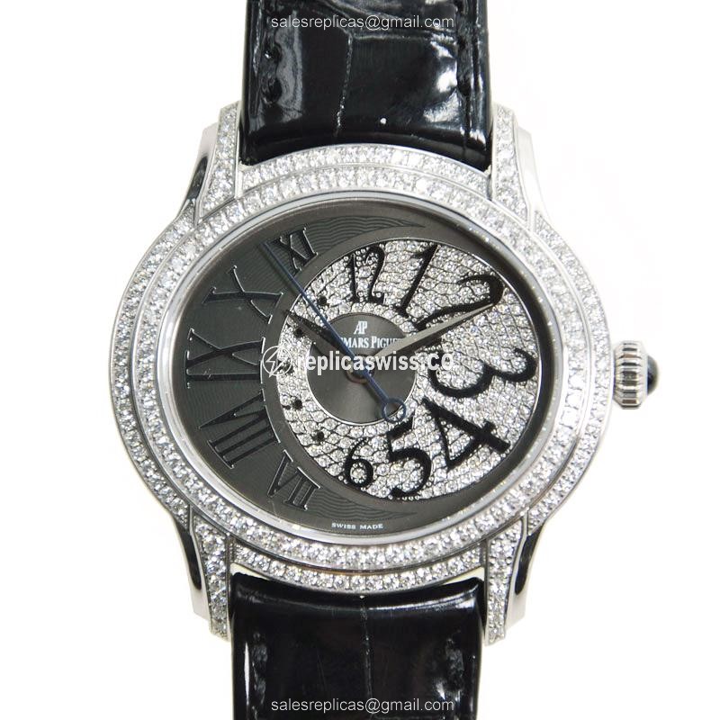 Audemars Piguet Replica Milennial - 18kt White Gold - Diamond Case - Black Dial - Alligator Black Strap
