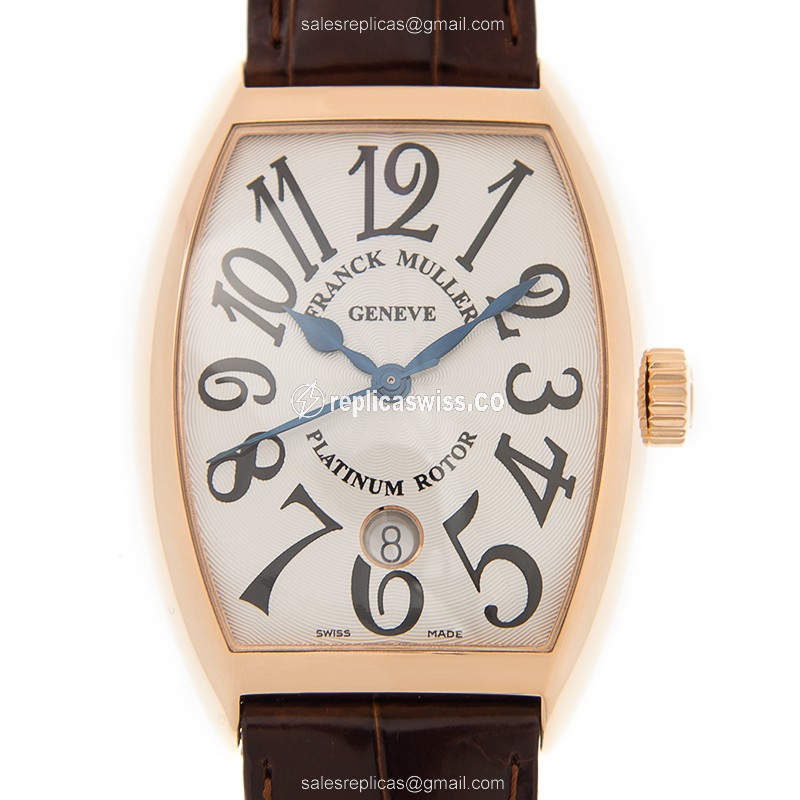 Franck Muller 7851 SC DT 5N Curvex Replica - Automatic - 18kt Rose Gold Case - Silver Dial on Brown Alligator Strap
