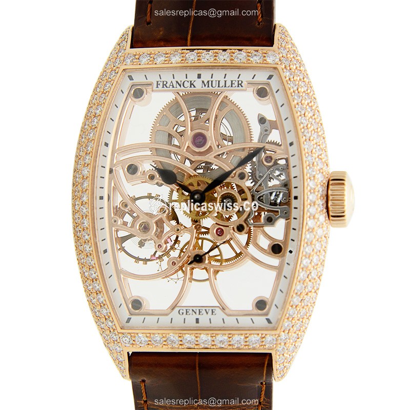 Franck Muller GENEVE 7880BS6SQTD5N Manual Wind - Rose Gold Case & Diamonds, Skull Dial, Buckle Clasp, Brown Alligator Strap