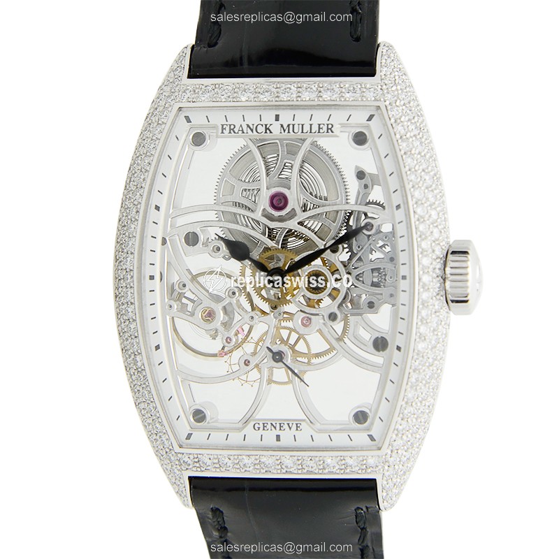 Franck Muller 7880 B S6 SQT D OG Replica - Manual - 18kt Gold - Diamond Skull - Black Alligator Buckle