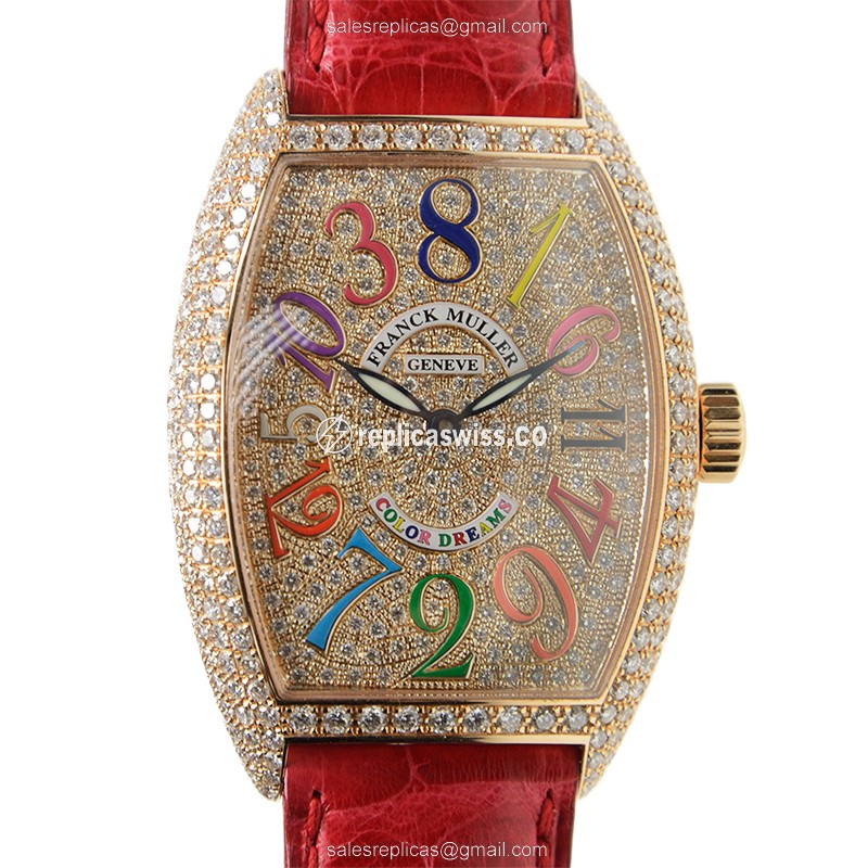 Franck Muller 7880 Replica - Automatic - 18kt Rose Gold - Diamond Dial - Red Alligator Strap - Luxury Replica CINTREE CURVEX Watch