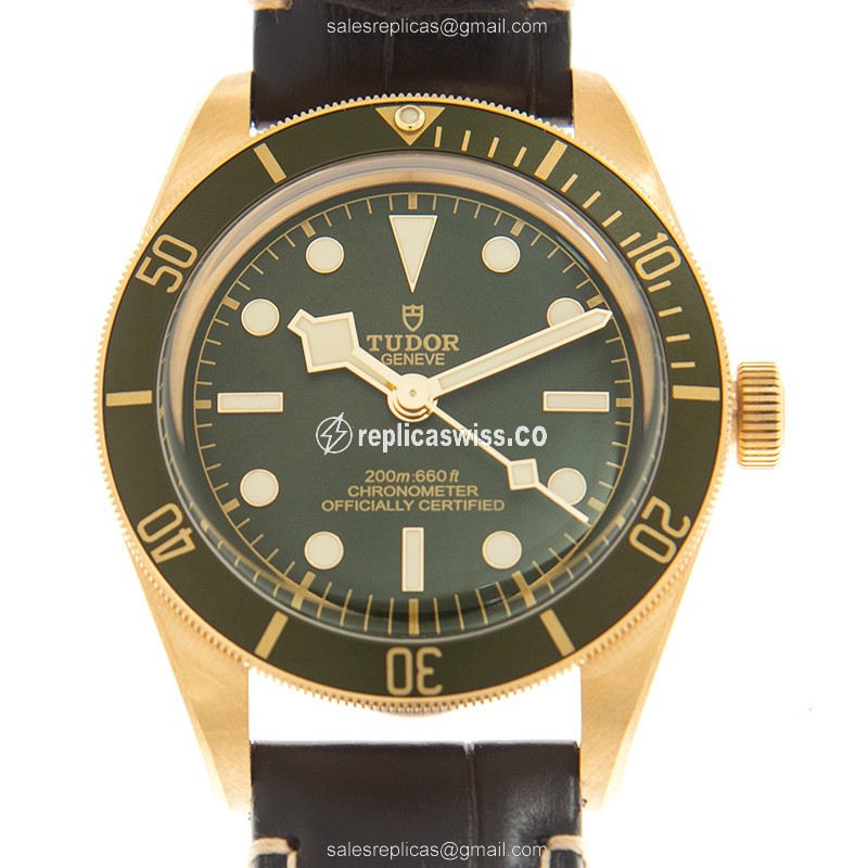Tudor Black Bay 1958 Replica - Auto - 18kt Gold - Green Dial - Brown Alligator Buckle