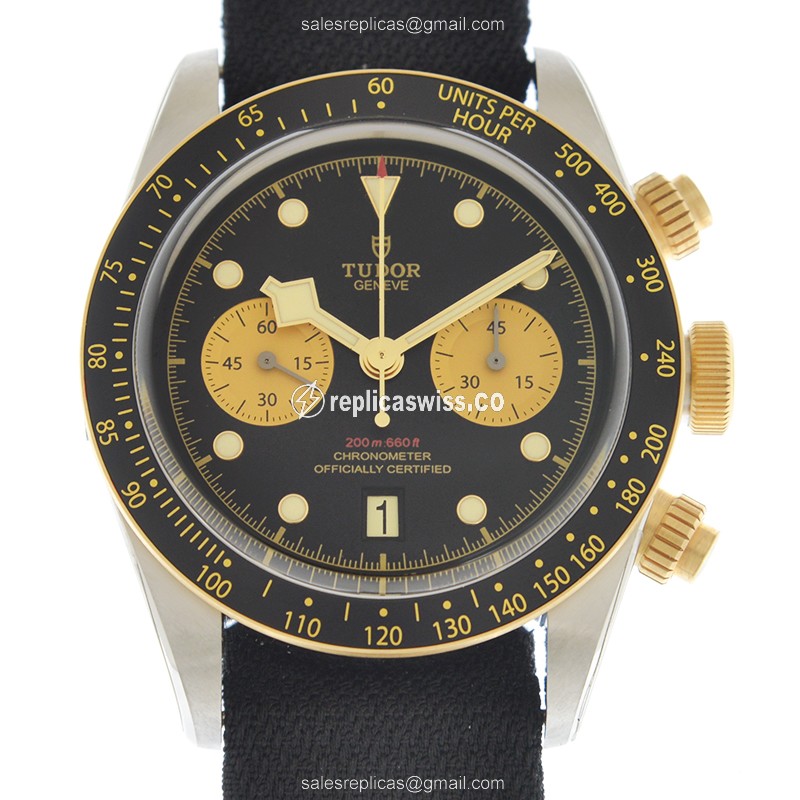 Tudor Black Bay Replica - Automatic - 18kt Gold & Steel - Black Dial - Brown Canvas Strap