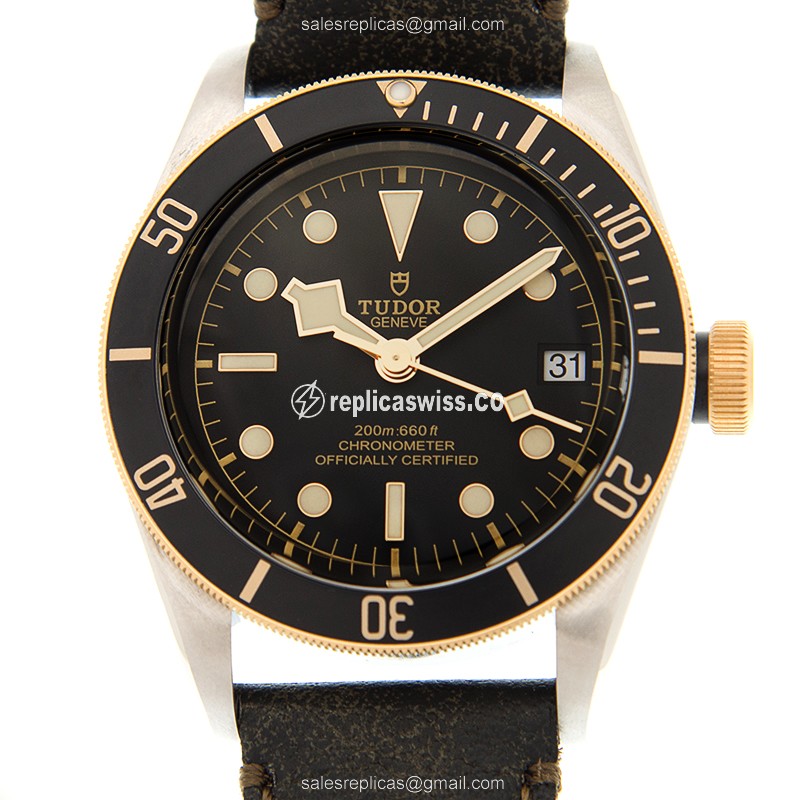 Tudor BLACK BAY Automatic 18kt Gold & Steel - Black Dial - Leather Strap - Clasp