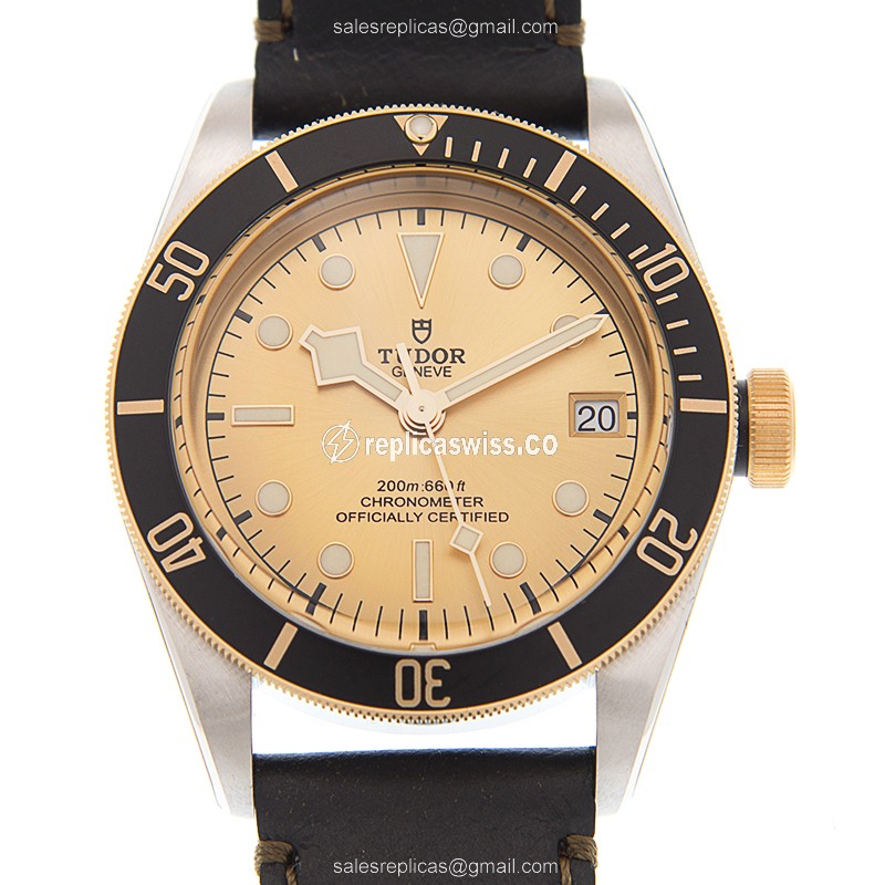 Tudor Black Bay Replica - Automatic - 18kt Gold & Steel - Gold Dial - Leather Strap - Clasp