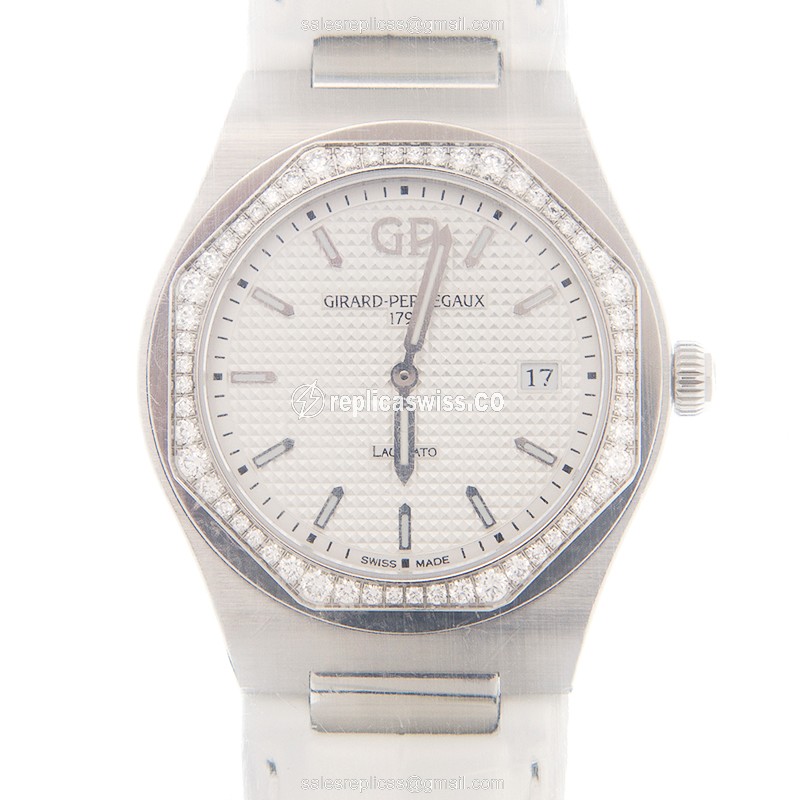 Girard Perregaux Replica Laureato - Quartz - Stainless Steel - Diamonds - Silver Dial - Alligator White Strap