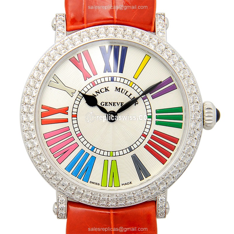 Franck Muller 8035 QZ COL DRM R D AC Quartz - White Dial - Diamond Case - Orange Alligator Buckle - Luxury Franck Muller Replica Watch
