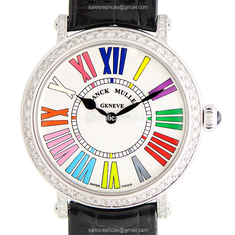 Franck Muller 8035 QZ COL DRM R D 1R AC Quartz - White Dial - Diamond Case - Black Alligator Buckle - Luxury Franck Muller Replica Watch