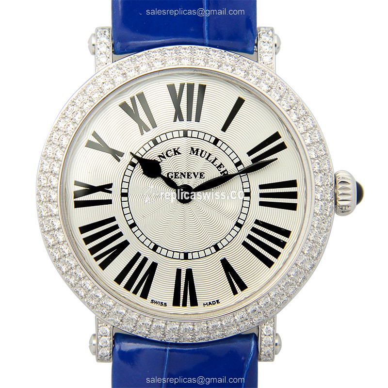 Franck Muller 8035 QZ R D Replica - Quartz - 18kt White Gold - Diamond - Silver Dial - Blue Alligator Strap - Buckle - Luxury Replica COLOR DREAMS Watch