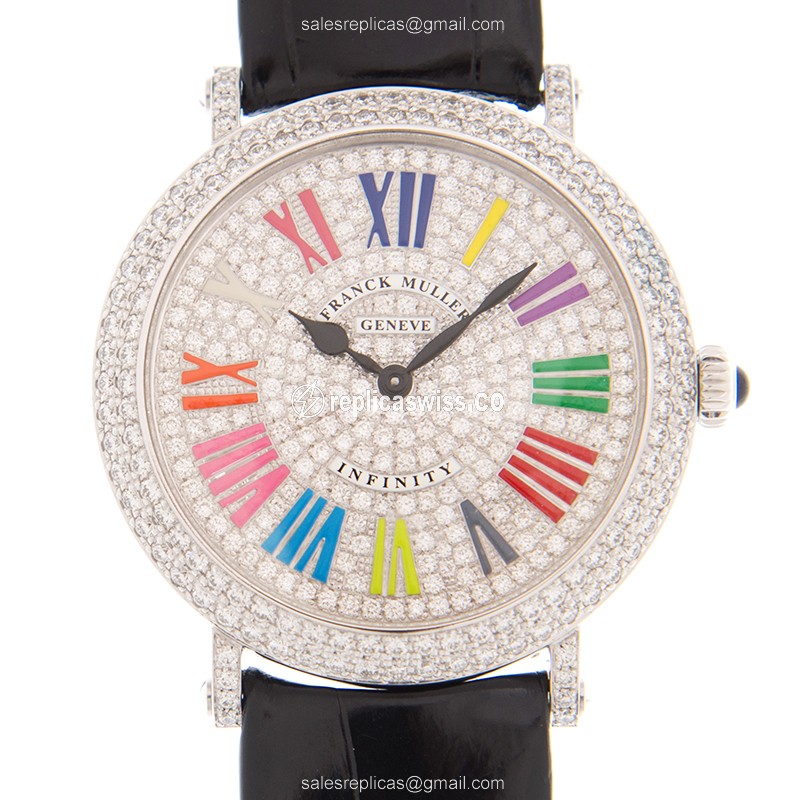 Franck Muller 8038QZCOLDRMRDCDOG - Round Quartz - 18kt White Gold - Diamond - Silver Dial - Leather Strap - Black Buckle - Luxury Replica ROUND Watch