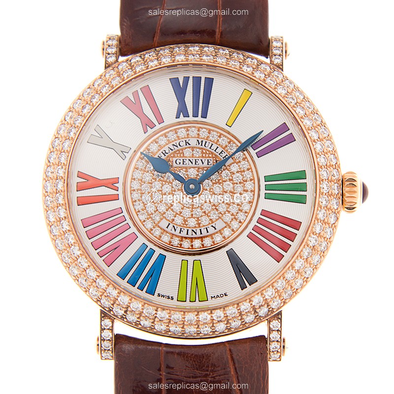 Franck Muller 8038 QZ COL DRM R D CD 1P 5N Round - Quartz - 18kt Rose Gold - Diamonds on White Dial - Leather Strap, Buckle Clasp - Luxury Replica ROUND Watch