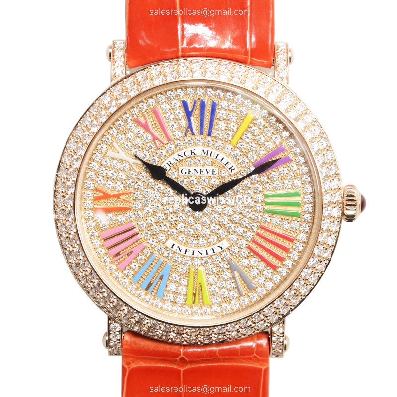 Franck Muller 8041 QZ COL DRM R D CD 5N INFINITY - Quartz - 18kt Rose Gold & Diamonds - Gold Dial - Buckle Clasp - Orange Alligator Strap