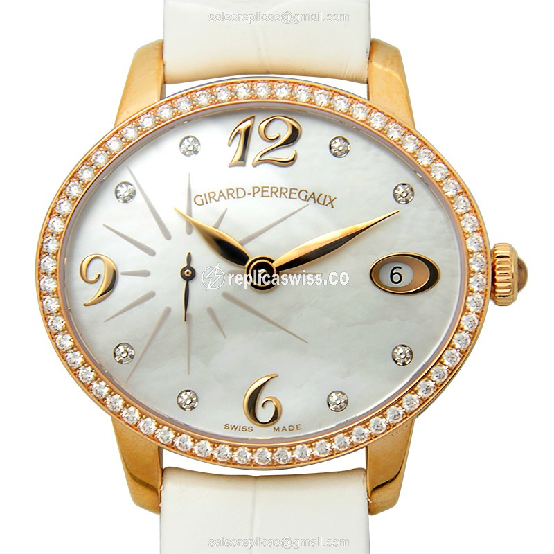 Girard Perregaux CATS EYE Replica - Auto - 18kt Rose Gold - Diamond White Dial - Alligator White Clasp