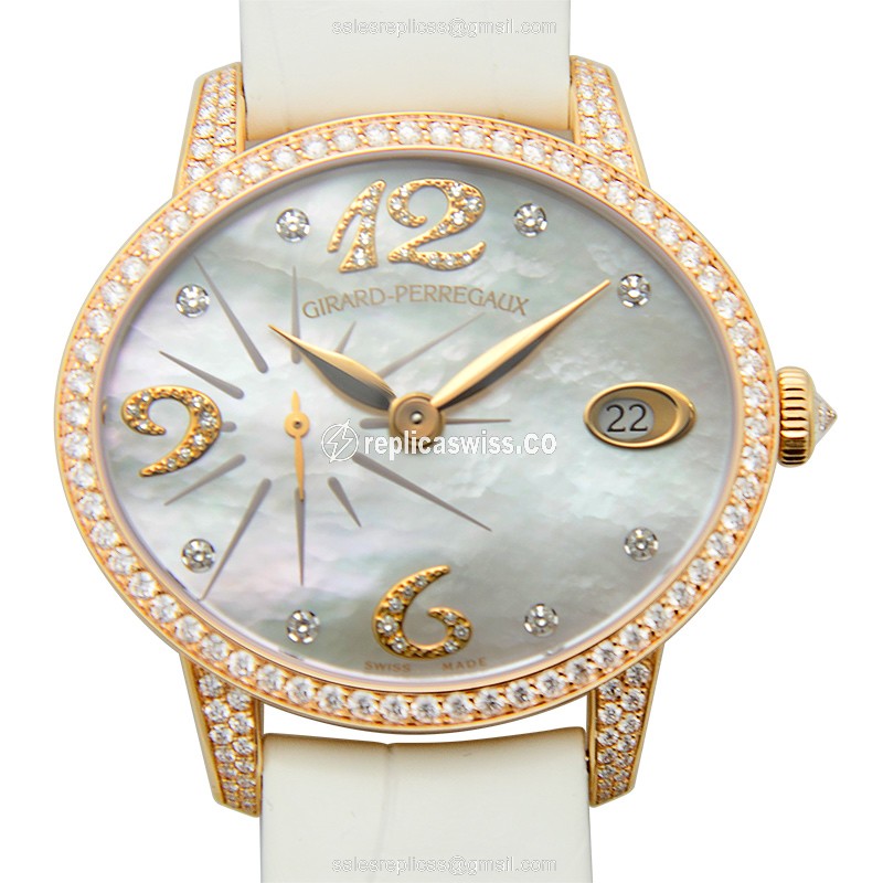 Girard Perregaux Cats Eye Replica - Automatic - 18kt Rose Gold - Diamonds - White Dial & Strap - Luxury Replica CATS EYE Watch