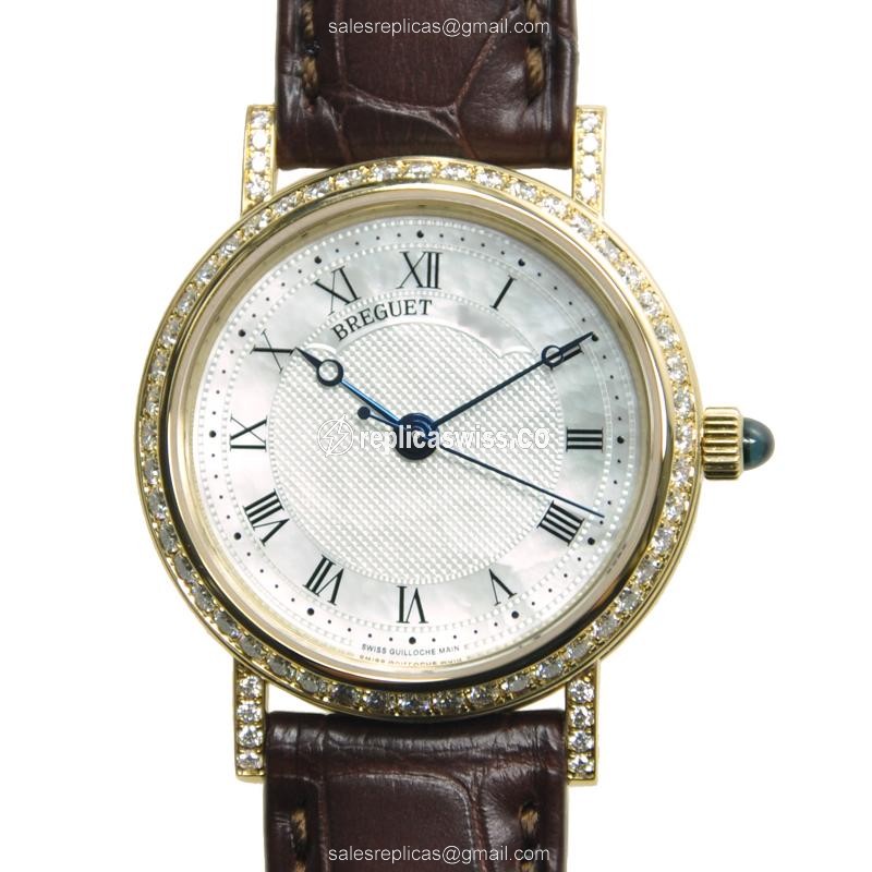 Breguet 8068BA/52/964/DD00 Classic Automatic 18kt Gold Diamond Silver Dial Buckle Brown Alligator Strap