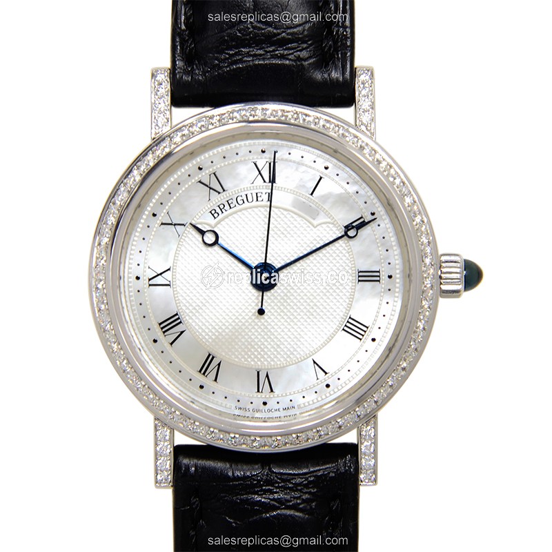 Breguet 8068BB/52/964/DD00 Replica - Automatic - 18kt White Gold - Diamond Set - Silver Dial - Black Alligator Strap