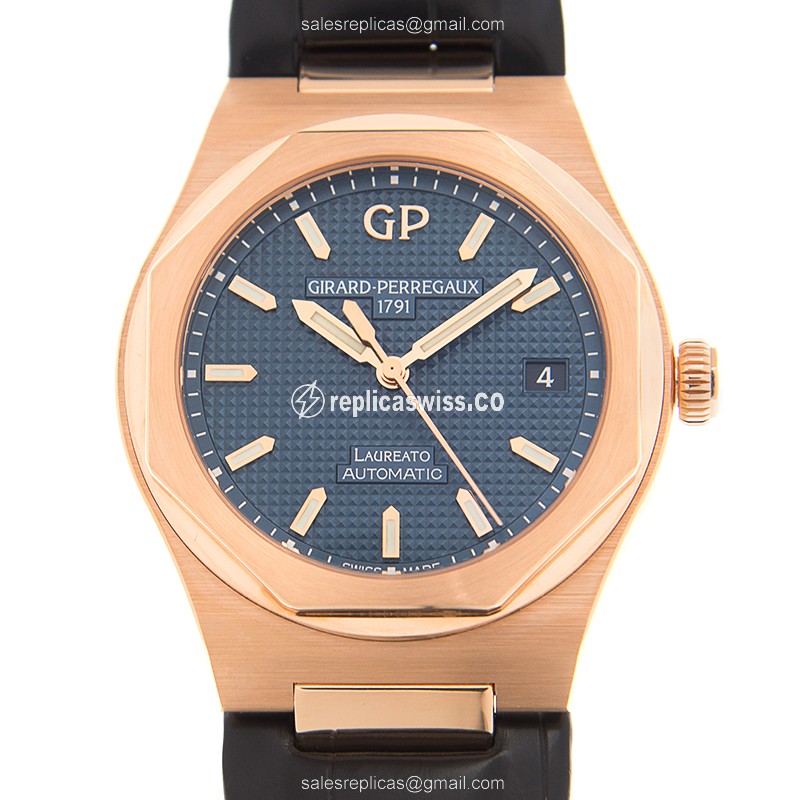 Girard Perregaux Replica LAUREATO - 18kt Rose Gold - Automatic - Blue Dial - Black Alligator Buckle