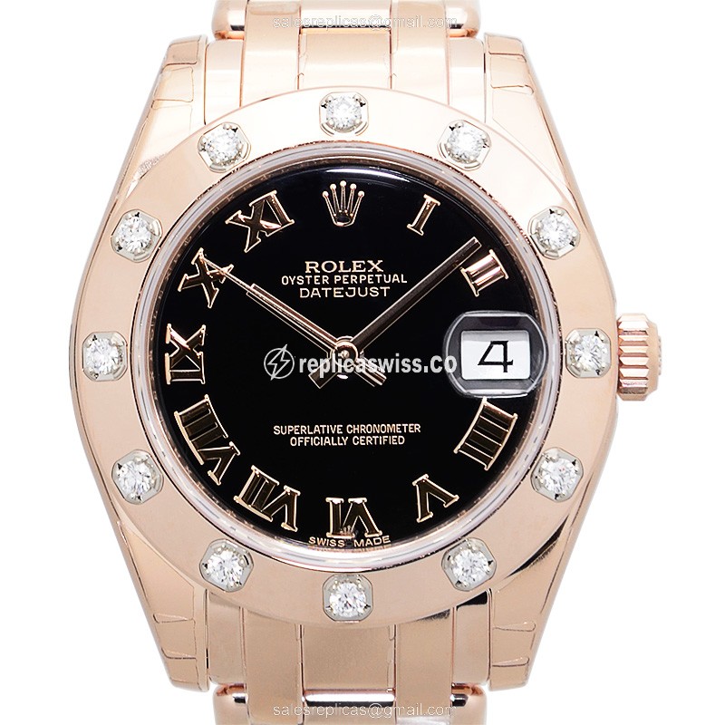 Rolex Lady Datejust Replica - Automatic - 18kt Rose Gold - Black Dial - Gold Strap