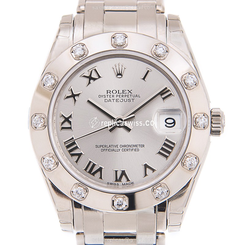Rolex DATEJUST Replica - Automatic - White Gold - Diamond - Silver Dial - 18kt Gold Strap