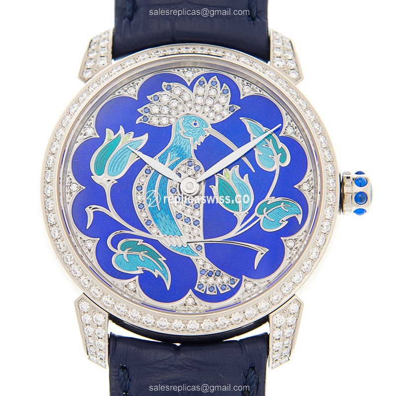 Ulysse Nardin Classic Replica - Automatic 18kt White Gold - Blue Dial - Diamond Bezel