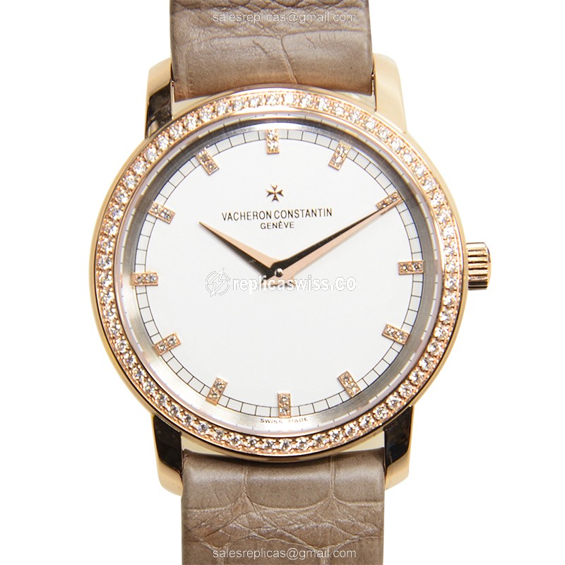 Vacheron Constantin 81558/000R-9600 PATRIMONY TRAD. Manual Wind 18kt Rose Gold Diamonds - White Dial, Brown Alligator Buckle
