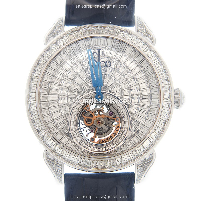 Jacob & Co. 820.30.BD.BD.A PALATIAL - Manual - 18kt White Gold - Silver Dial - Blue Leather Strap - Luxury Replica PALATIAL Watch