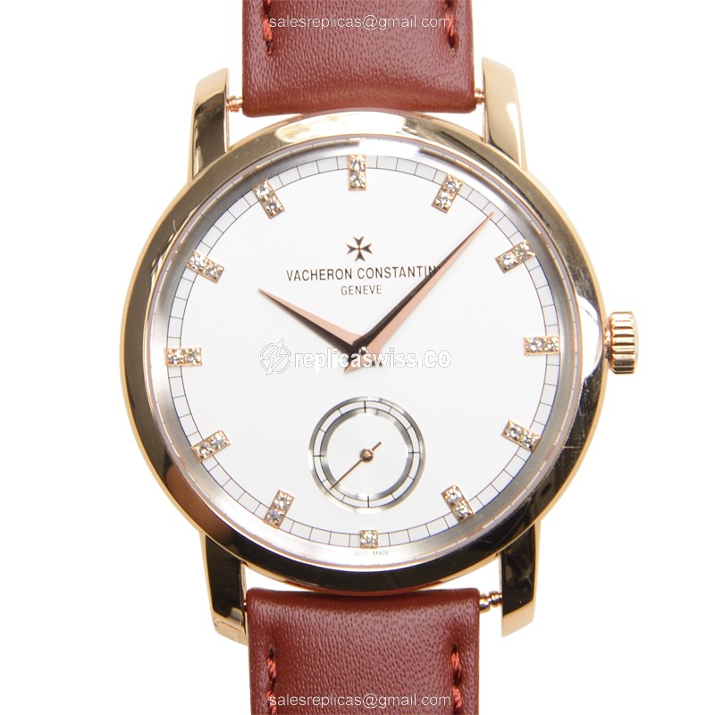 Vacheron Constantin Patrimony Traditionnelle Manual Wind 18kt Rose Gold - White Dial, Buckle Clasp, Brown Leather Strap