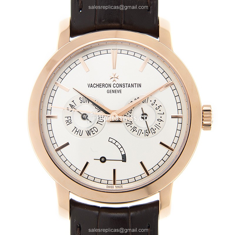 Vacheron Constantin 85290/000R-9969 TRAD. - Auto. - 18kt Rose Gold - White Dial - Brown Alligator Buckle - Luxury Replica TRADITIONNELLE Watch