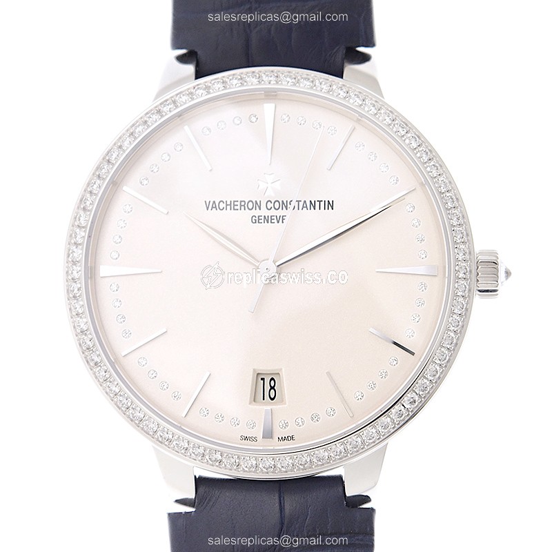 Vacheron Constantin Patrimony Traditionnelle Replica - Automatic - 18kt White Gold & Diamond - White Dial - Blue Alligator Strap