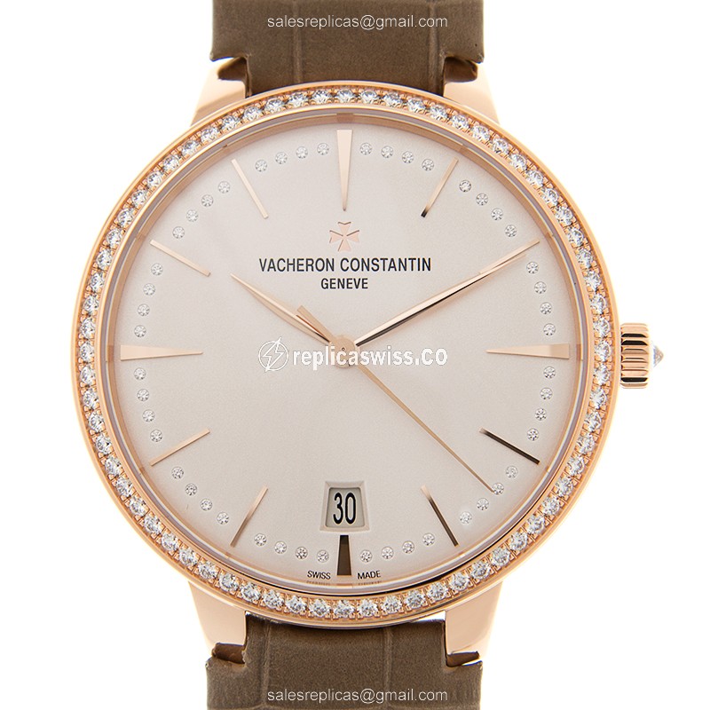 Vacheron Constantin 85515/000R-9840 Replica - Automatic - Rose Gold Case - Diamond - White Dial - Brown Alligator Strap