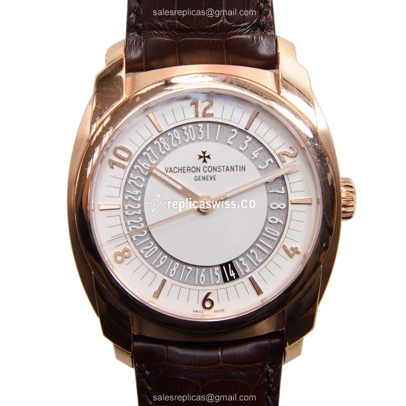 Vacheron Constantin 86050/000R-I0P29 Replica - Automatic - 18kt Rose Gold - White Dial, Alligator Brown Strap