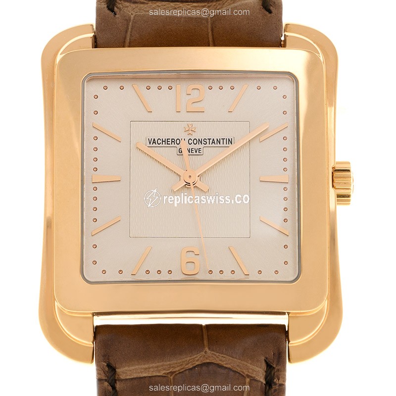 Vacheron Constantin HISTORIQUES 18kt Rose Gold - Automatic White Dial - Alligator Brown Strap Buckle - Luxury Replica HISTORIQUES Watch