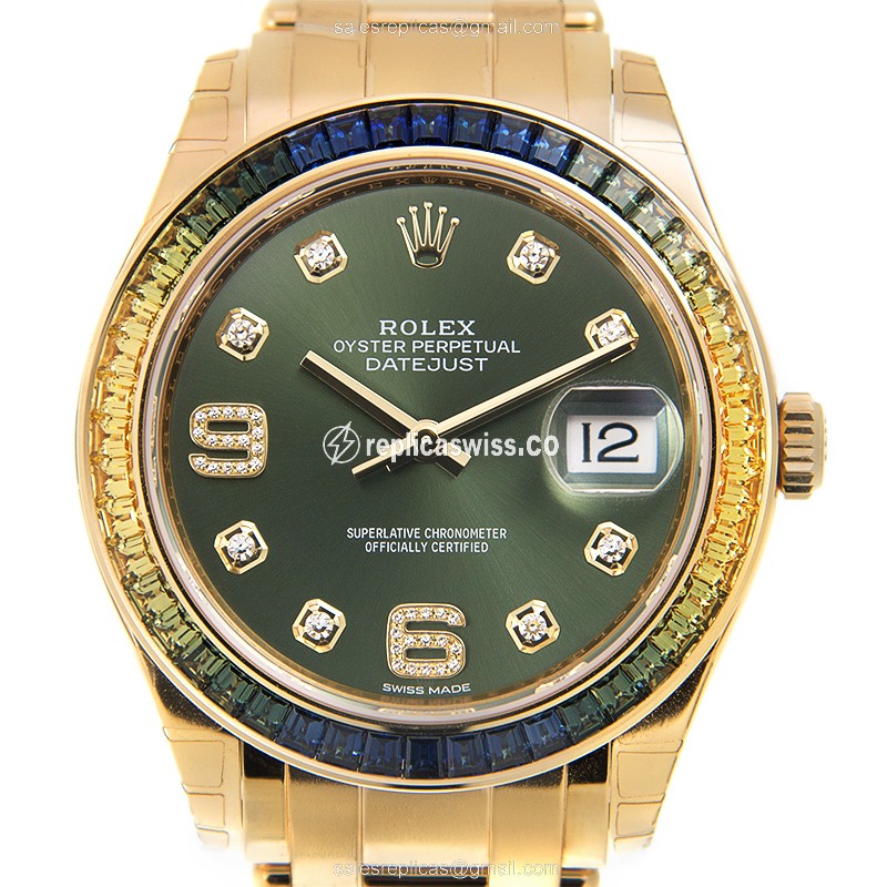 Rolex DATEJUST Replica - Automatic - 18kt Gold Case, Diamond Bezel - Dark Green Dial