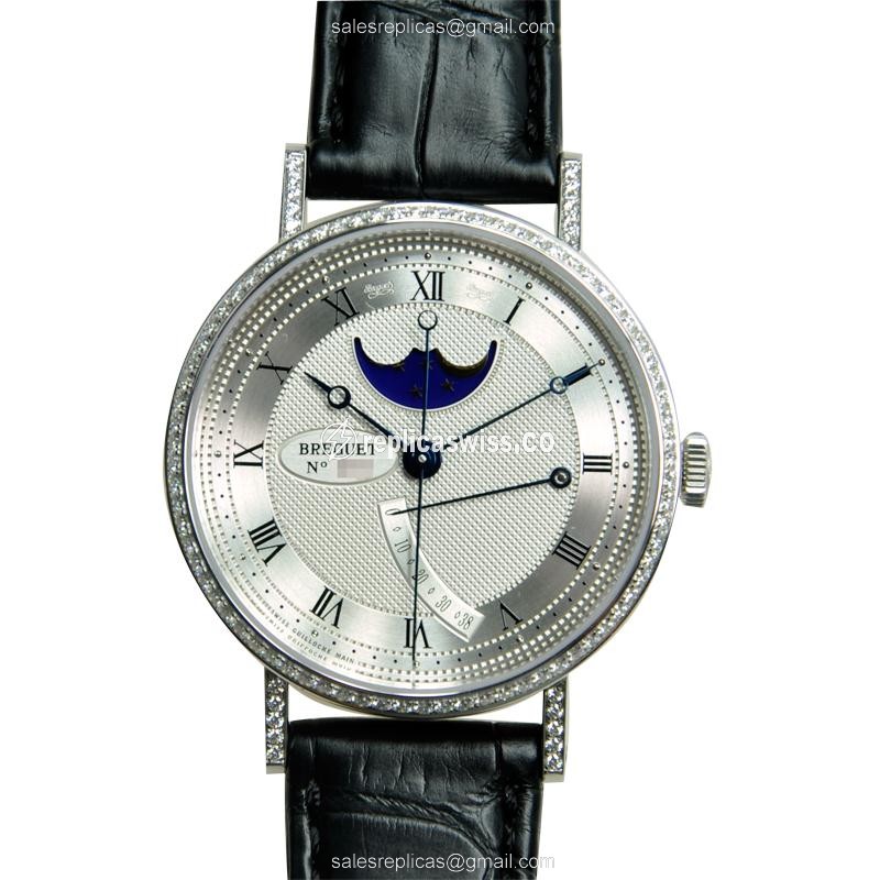 Breguet 8788BB/12/986/DD00 Replica - Automatic - 18kt White Gold - Diamond - Silver Dial - Black Alligator Strap