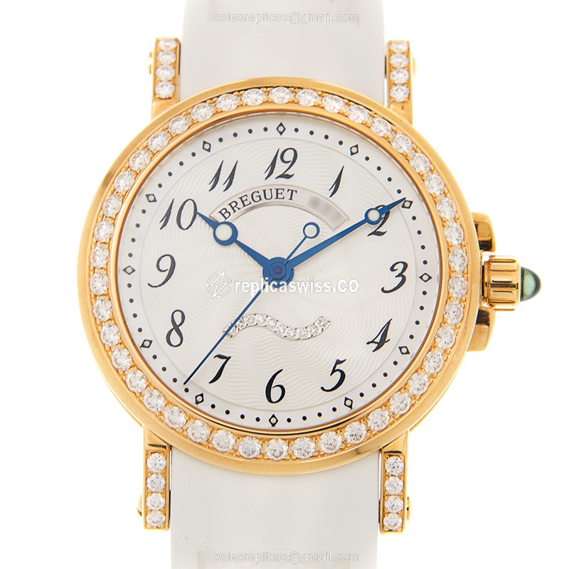 Breguet 8818BA/59/564/DD00 MARINE Auto 18kt Gold Diamond - White Dial Buckle Rubber Strap